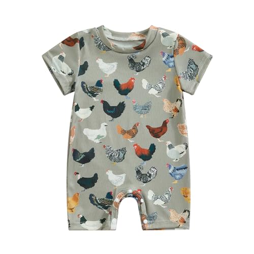 Gueuusu Farm Baby Clothes Boy Girl Country Chicken Print Short Sleeve Romper Bodysuit Ribbed One Piece Jumpsuit Cute Outfit