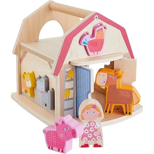 HABA Wooden Farmhouse Shape Sorter Toy with 6 Chunky Animal Blocks - Wooden Montessori Toys for 1+ Year Olds - Stacking Blocks for Toddlers 1-3 and Farm Animals Sorting Game