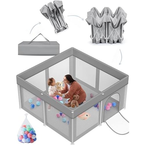 Foldable Baby Playpen 50"×50", Playard for Babies and Toddlers, Portable Safety Baby Fence Lightweight,No Installation, Indoor & Outdoor Baby Playpen with Ocean Balls*50, LightGrey
