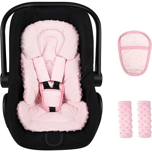 Infant Car Seat Insert Boy Girl, 3 in 1 Newborn Carseat Insert with Strap Pads,Car Seat Head Support for Baby Strollers, Swings, and Bouncers,Comfortable and Machine Washable, Pink