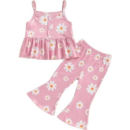 Toddler Baby Girl Clothes Set Solid Ribbed Knit Ruffled Cami Tops with Flare Pants Infant 2Pcs Summer Outfits