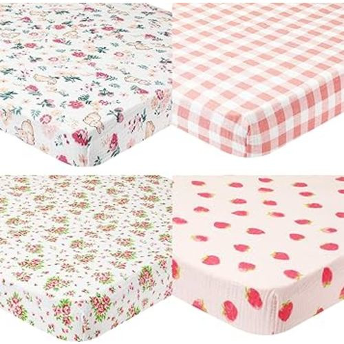 Panelee 4 Pcs Muslin Crib Sheets for Boys Girls, Cotton Fitted Baby Crib Sheets 28" x 52" Neutral Muslin Crib Mattress Sheet, Soft Breathable Comfort(Rose, Rabbit, Pink, Strawberry)