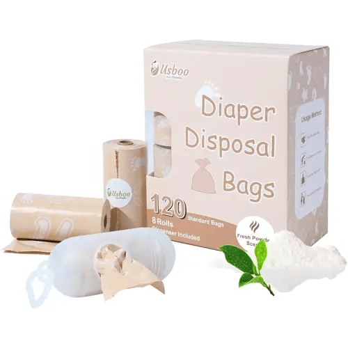 Diaper Bags Disposable for Baby, Biodegradeable Dirty Diaper Bags (8 Refill Rolls/120 Bags) with Dispenser | Leak Proof Diaper Trash Bags | Baby Poop Bags | Fresh Powder Scent