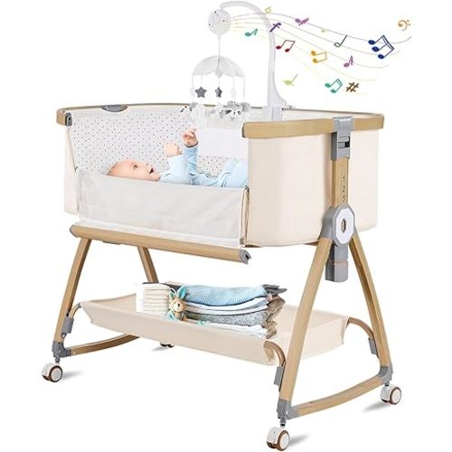 Bassinet Bedside Sleeper,Bedside Bassinet,Rocking Bassinet,3 in 1 Portable Bedside Crib with Mattress,Mobile,Mosquito Net,Storage Basket,6-Height Adjustable Baby Bassinet with Wheels for Newborn,Beige