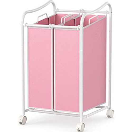 Simple Houseware 2-Bag Heavy Duty Rolling Laundry Sorter Cart, White/Pink