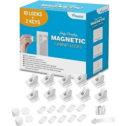 Vmaisi Adhesive Magnetic Locks for Cabinets & Drawers (10 Locks and 2 Keys)