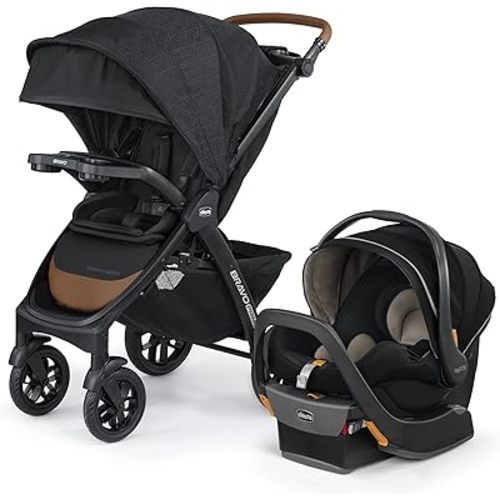 Chicco Bravo Primo Trio Travel System, Quick-Fold Stroller with Chicco KeyFit 35 Zip Extended-Use Infant Car Seat and Stroller Combo | Springhill/Black