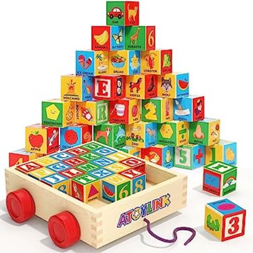 Atoylink ABC Wooden Building Blocks for Toddlers 1-3, 30 Pcs Alphabet & Number Stacking Toys with Storage Pull Toy Car Learning & Education Montessori Toys for 1 2 3 Year Old Baby Boy Girl Gifts