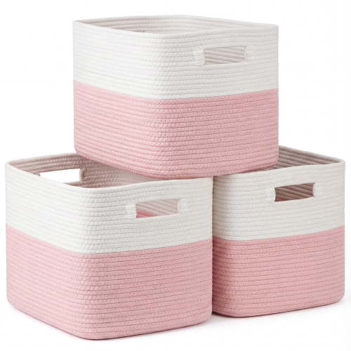 3 Pack Storage Basket, 11"x11"x9" (18L) Rectangle Woven Baskets for Storage, Cotton Rope Basket for toys, Towel Baskets, Closet Organizer Bins Shelves Organizer, Decorative Basket (Pink& White)