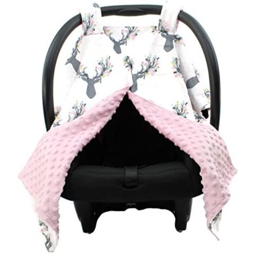 Dear Baby Gear Deluxe Carseat Canopy Cover, Custom Minky Print Girl Antler Flowers, Pink Minky Dot