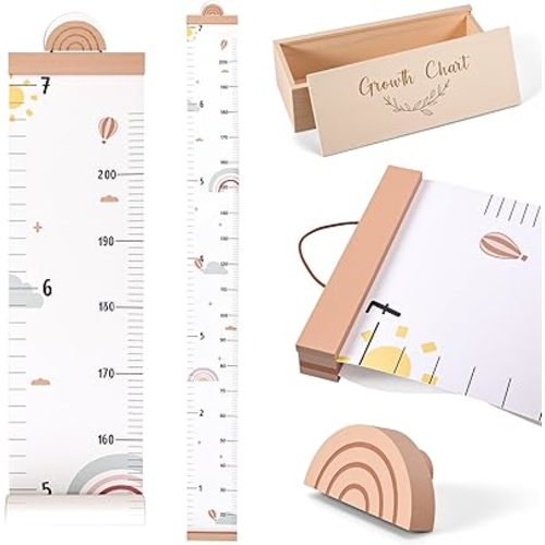 DoubleFill Height Growth Chart Wall for Kids with Wooden Keepsake Box & Hook 7 ft Children Height Measurement Canvas Measure Ruler Baby Growth Tracker Board Removable Nursery Wall Decor(Rainbow)