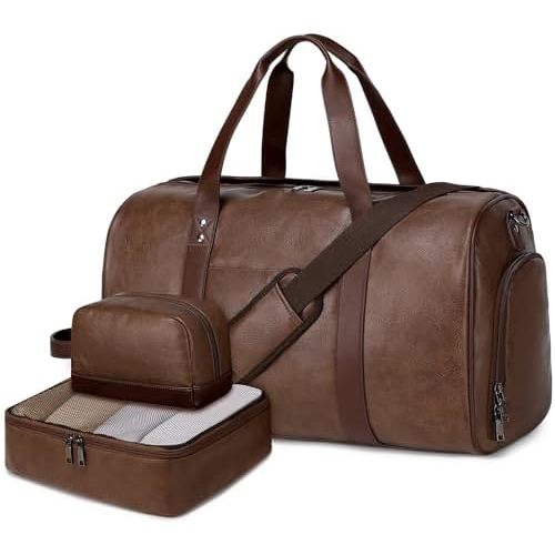 Wogarl 3PCS Faux Leather Weekender Bag for Women Men Large Overnight Travel Duffel Bags with Shoe Compartment Toiletry Packing Cube Carry On Duffle Fit 21" Laptop(Coffee)