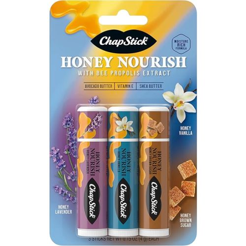 ChapStick Lip Balm Honey Nourish, Moisturizing Fomula with Shea Butter and Avocado Butter, Vitamin E, Flavors Honey Lavender, Honey Vanilla, Honey Brown Sugar, 3CT BC .45OZ