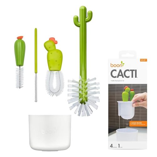 Boon Cacti Bottle Cleaning Brush Set - Includes Bottle Brush, Nipple Brush, Detail Brush, and Straw Brush - Baby Bottle Brush Set for Bottle Drying Rack - Baby Essentials - 4 Count