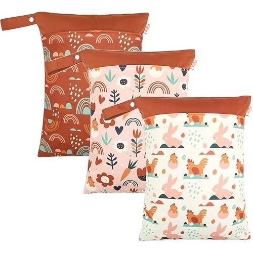 Wet Dry Bags for Baby Cloth Diapers - Waterproof Reusable Washable Travel Bags, Gym Bag, Pool, Daycare Soiled Baby Items Yoga Gym Bag for Swimsuits & Wet Clothes 3pcs/set(Rabbit