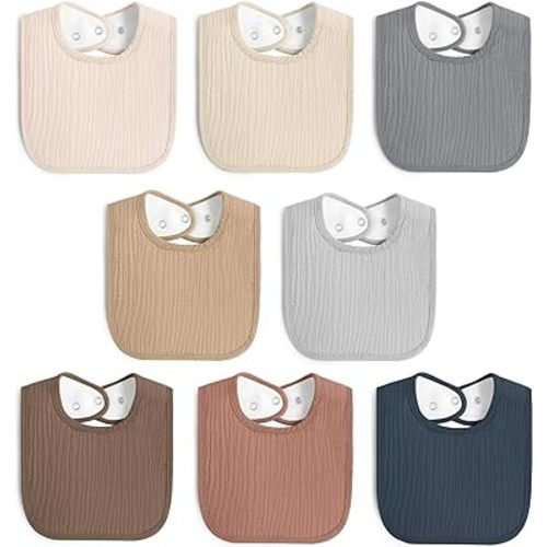 8 Pack Muslin 100% Cotton Baby Bibs for Unisex, Soft and Absorbent Gender Neutral Set for Feeding and Drooling