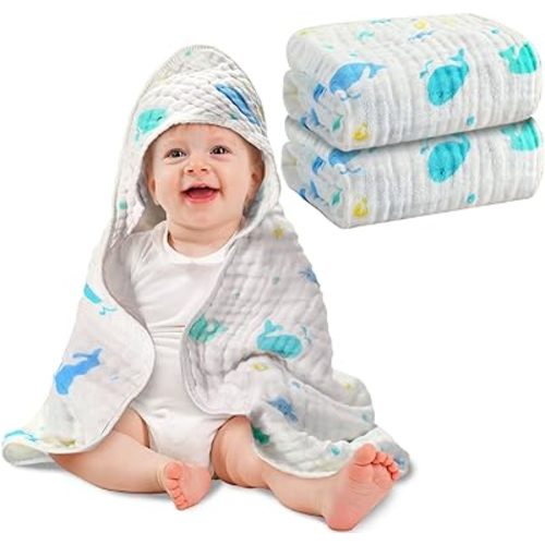 Tatuo Hooded Baby Bath Towel 2 Pack, Muslin Cotton Baby Towels for Newborn Boy Girls, Soft and Absorbent Cotton Baby Bath Towel 6 Layers Infant Towel Large, 32 * 32Inch (Whale Style)