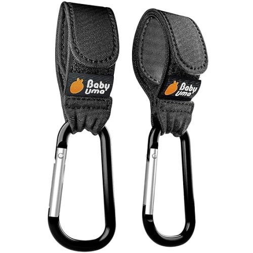 Baby Uma Baby Stroller Hooks for Bags - 2-Pack of Stroller Clips for Diaper Bag, Carry 11 lbs per Stroller Carabiner Clip, Adjustable Stroller Straps, Stroller Bag Hook, Universal Stroller Accessories - Canvas Black