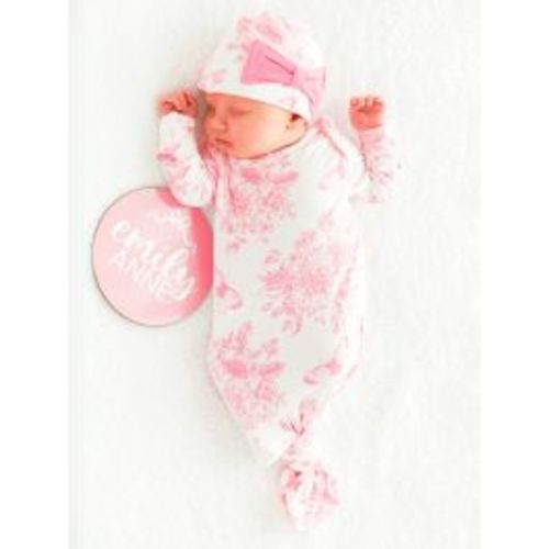 Bubblegum Pink Butterfly Toile Ruffle Knotted Sleep Gown & Hat Set