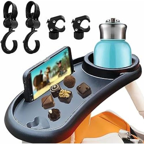 XIDAJIE 3-in-1 Universal Stroller Snack Tray with Cup Holder and Phone Holder Baby Stroller Hooks for Bags Perfect for Shopping Grocery Bag and Stroller Accessories