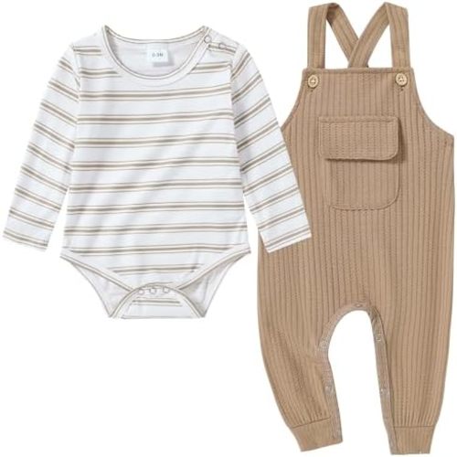 CARETOO Newborn Baby Boy Clothes Infant Boy Romper Fall Winter Outfits Bodysuit 2Pcs Striped Long Sleeve Top Overalls 0-18M