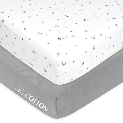American Baby Company 2 Pack 100% Natural Cotton Fitted Crib Sheets 52" x 28" - Soft, Breathable, Hypoallergenic & Gentle Toddler Bed Sheets, Gray Stars and Gray, Neutral for Boys & Girls