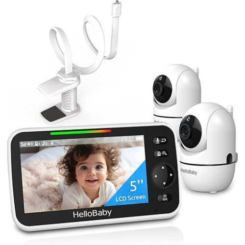 HelloBaby Clip Clamp Mount Baby Monitor with 2 Cameras, 5'' Screen, and 26-Hour Battery - No-WiFi Baby Monitor with Flexible Gooseneck Arm