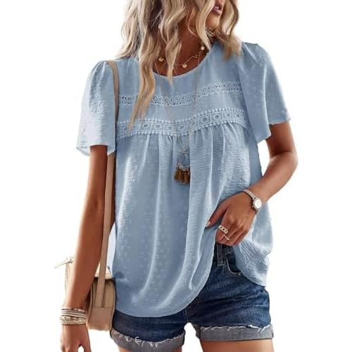 Womens Summer Tops Crewneck Short Sleeve Shirts Casual Chiffon Blouses Flowy Lace Hem Boho Clothing Trendy 2025