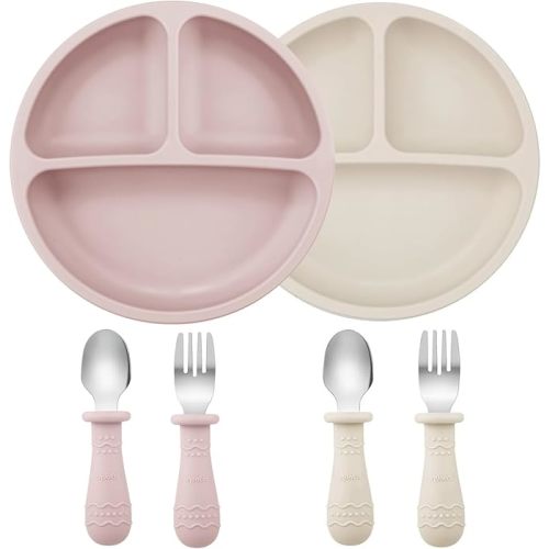 PandaEar 6 Pack Toddler Plates and Utensils Set, 2 Pack Silicone Baby Plates with Suction and 4 Stainless Steel Baby Spoons Forks, Toddler Dinnerware Set, Baby Dishes