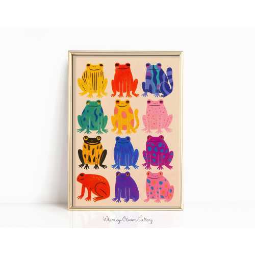 Colorful Frogs Print: Kitsch Animal Pattern Wall Art, Aesthetic Dopamine Decor, Maximalist Animal Artwork, Funky Whimsical Nursery Poster