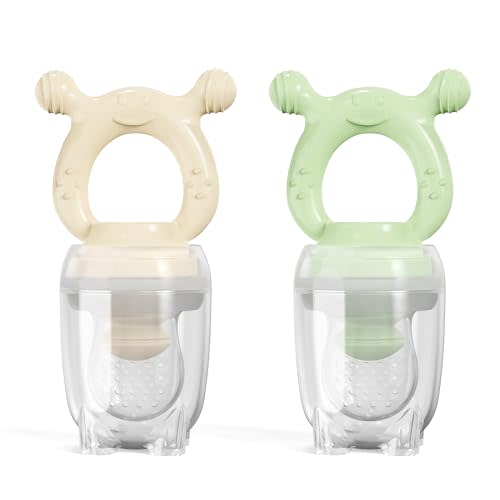 Baby Food Fruit Feeder Pacifier Nibbbler, Silicone Fresh Food Feeders, Teething Toy for 3-24 Month, Baby Mesh Teethers for Safe Infant Self Feeding 2 Pack Nude & Green