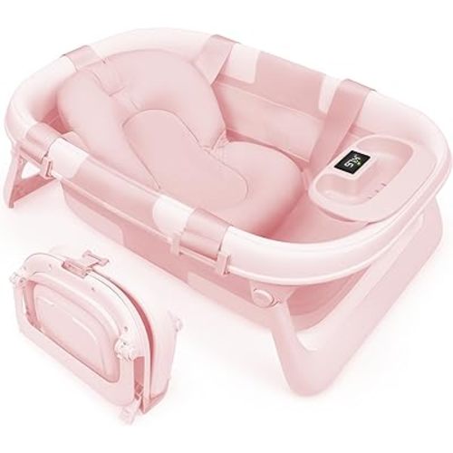 Jool Baby Fold ‘n Store Baby Bathtub – 3 Stage Collapsible Bather for Easy Storage, Portable for Travel – Built-in Thermometer (Pink)