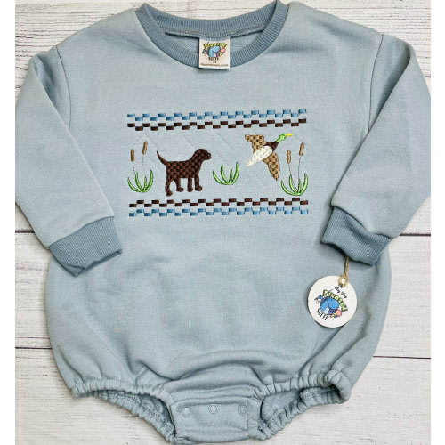 Embroidered hunting sweatshirt bubble, Faux smocked duck & lab outfit,Boy dog baby hunting outfit,Duck hunt bubble,faux smocked lab and duck