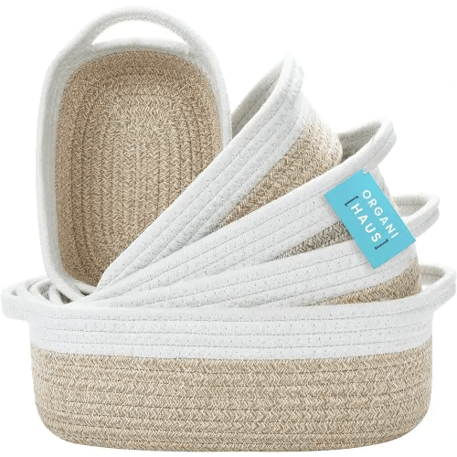 OrganiHaus Set of 5 Rectangle Storage Baskets for Organizing, Small Woven Basket for Storage Basket for Bathroom, Nursery Storage Basket for Baby Nursery Organization, Small Organizer Bins Honey/White