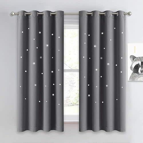 NICETOWN Hollow Star Blackout Curtain - Magic Night Sky Twinkle Star Nap Time Essential Kids Bedroom Window Curtain Drapery for Kids Room/Baby Nursery (Grey, 1 Panel, W52 x L63-inches)