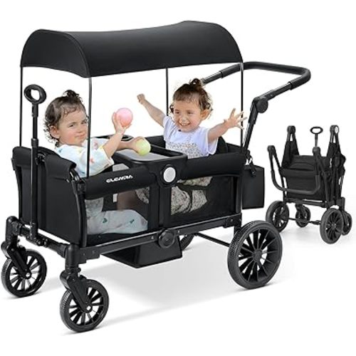 ELEMARA Wagon Stroller for 2 Kids, Premium All-Terrain Stroller with Canopy, Adjustable Push/Pull Handle Bar, Comfortable drop-down footwell and Upholstered Seats, Black