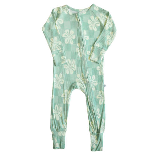 Blue/Green Hibiscus Ribbed Bamboo Zip Romper