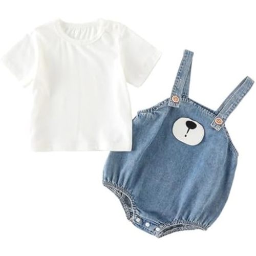Newborn Boys Girls 2Pcs Summer Outfit White Tee & Denim Overalls Bear Embroidery Bubble Romper