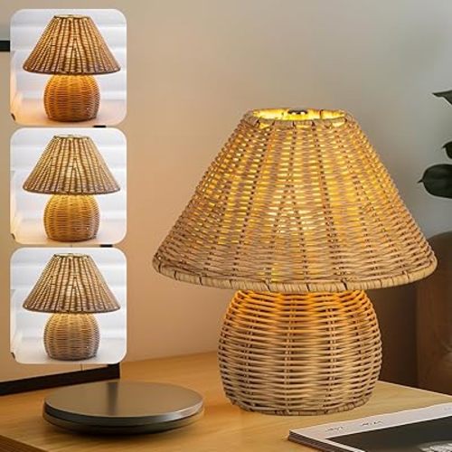 Bamboo Table Lamp Handmade Boho Rattan Bedside Lamp,3 Colors Adjustable Vintage Wicker Wooden Nightstand Lamp with E26 Bulb for Bedroom Living Room Desk Entrance