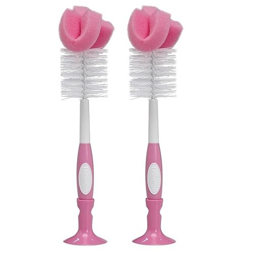 Dr. Brown's Reusable Sponge Baby Bottle Cleaning Brush with Suction Cup Stand, Scrubber and Nipple Cleaner, Pink 2-Pack