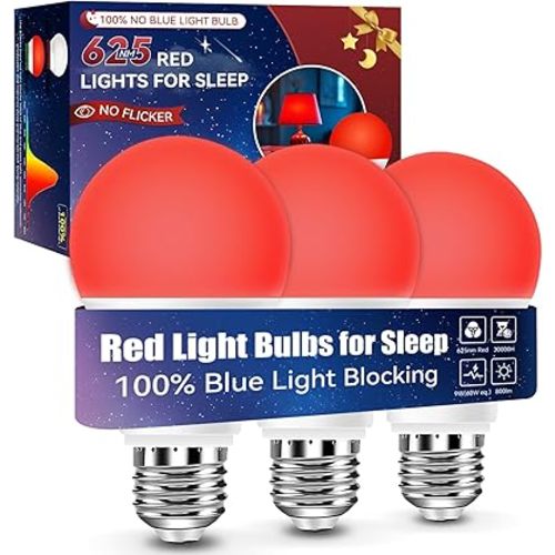 Neporal 625nm Red Light Bulbs for Sleep, 100% Blue Light Blocking Light Bulbs for Melatonin Promoting, A19 LED 9W 60W Equivalent Dim Red Night Light Bulb for Baby Nursery, Sleeping, Reading, 3-Pack