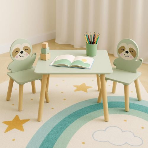 ORRD Sloth Kids Table and 2 Chair Set, Wooden Toddler Activity Table with Cute Animal Chairs for Playroom, Bedroom, Classroom – Sage Green & Wood