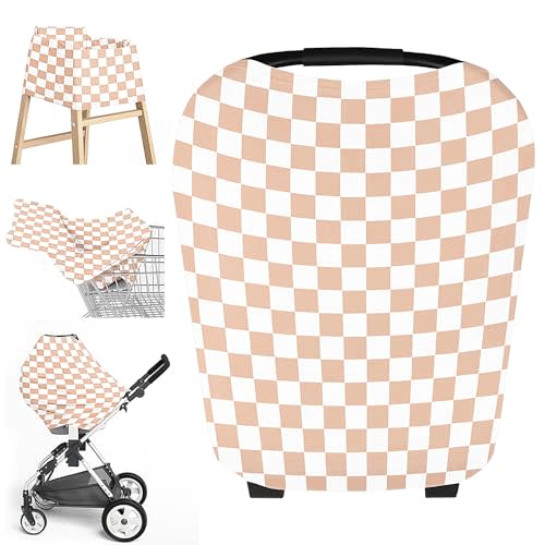 Little Jump Multi-use Baby Carseat Cover, Breathable Nursing Cover, High Stretchy Infant Carseat Canopy, Stroller Cover, Car Seat Covers for Bbies, Boys & Girls (Cream Checkered)