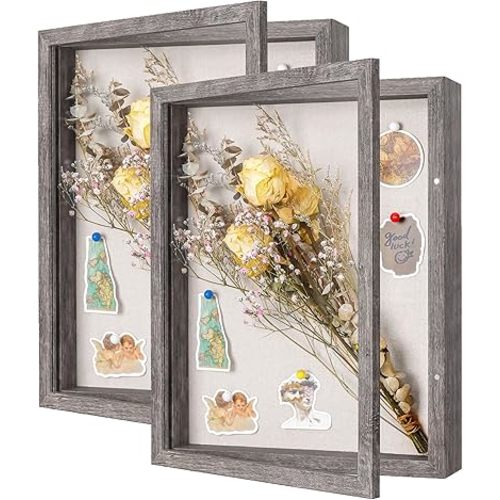 2 Packs 11x14 Shadow Box Frame with Linen Back - Sturdy Rustic Memory Display Case of Flower, Pictures, Medals and More, Rustic Gray