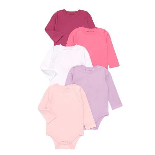 Garanimals Baby Girls Solid Jersey Bodysuits with Long Sleeves, 5-Pack, Sizes 0-24 Months