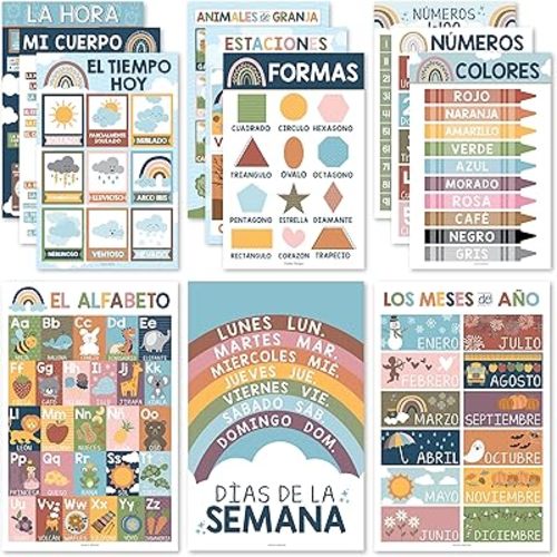 Hadley Designs Spanish Classroom Decorations - 12 Spanish Posters for Classroom Elementary, Abecedario para Niños en Español, Laminated Boho Bilingual Educational Posters 11x17