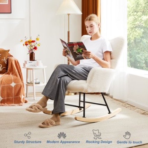 Gianna Rocking Chair Nursery, Teddy Upholstered Glider Rocker with High Backrest, Reading Chair Modern Rocking Accent Chairs Glider Recliner, Beige