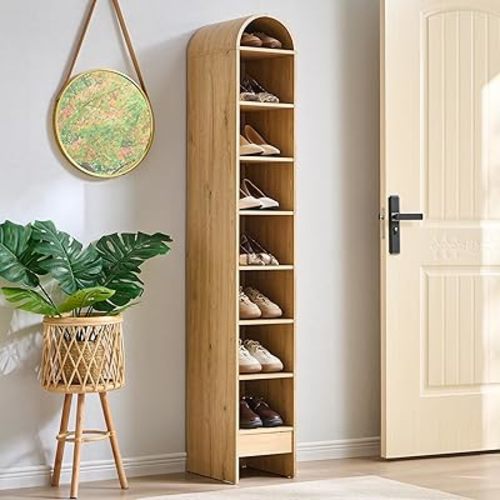67" Tall Arched Shoe Storage Cabinet, 8 Tiers 8 Pairs Wooden Shoe Rack with 3 Adjustable Shelves, Freestanding Shoe Closet Shelf Organizer for Entryway, Hallway, Living Room (Natural)