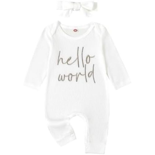 aporake Baby Newborn Clothes Hello World Infant Waffle Knit Romper Long Sleeve Bodysuit Jumpsuit Coming Home Outfit