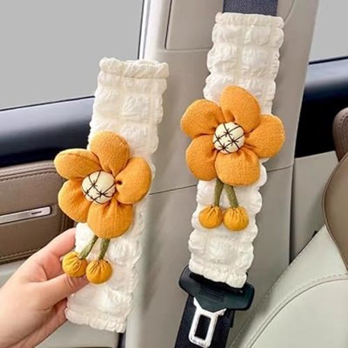 Cute Flower Car Seat Belt Cover Pads 2 Pack & 4 Pack Car Accessories Seat Belt Cushion Neck Cushion Shoulder Strap Protector Universal Seat Belt Cover for Adults and Kids (Orange,2)